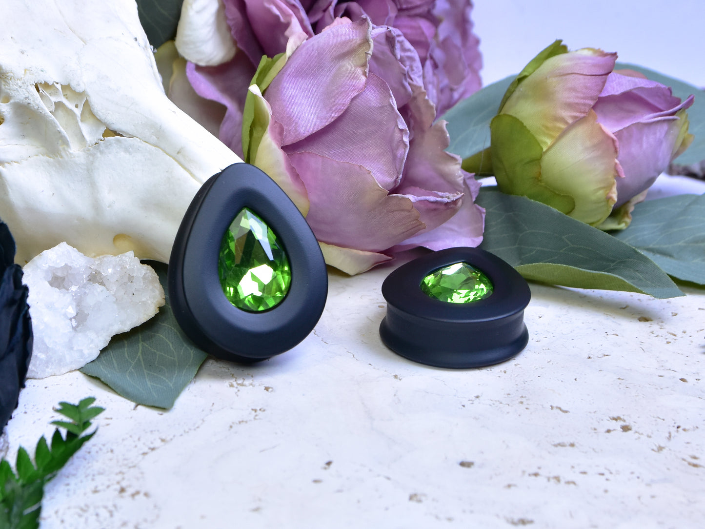 Teardrop Ear Plugs with Glass Crystal - Peridot