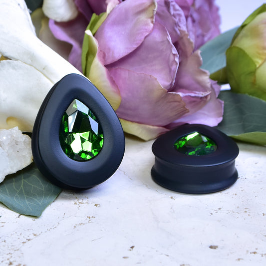 Teardrop Ear Plugs with Glass Crystal - Grass Green