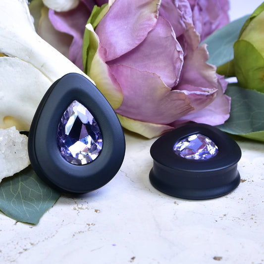 Teardrop Ear Plugs with Glass Crystal - Violet