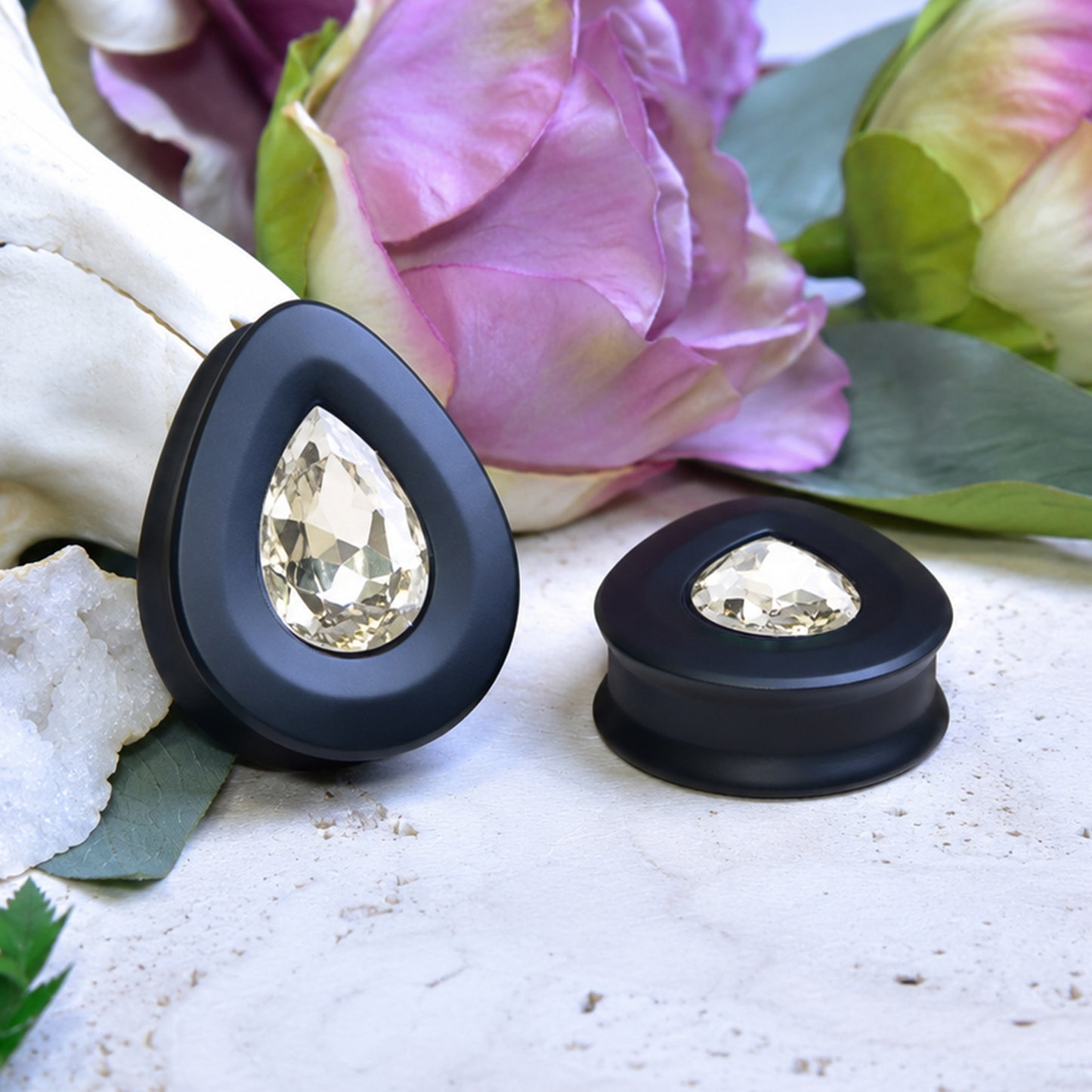 Teardrop Ear Plugs with Glass Crystal - Light Yellow
