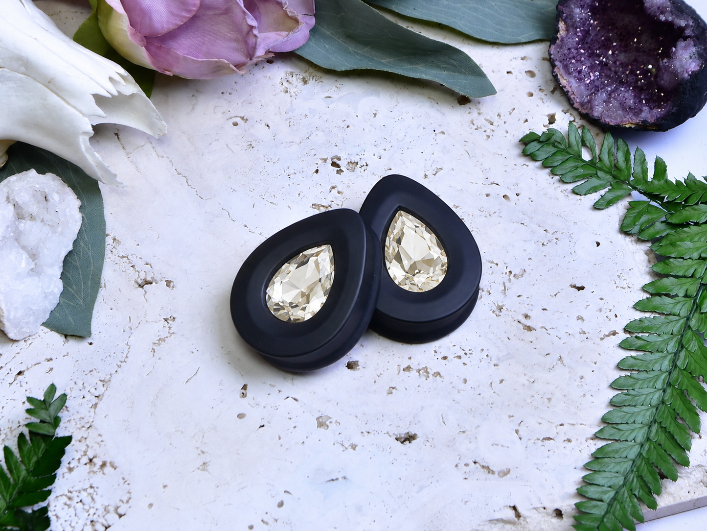 Teardrop Ear Plugs with Glass Crystal - Light Yellow