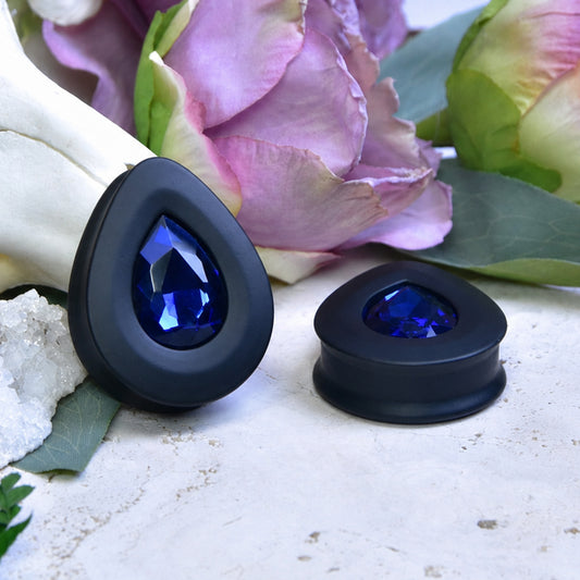 Teardrop Ear Plugs with Glass Crystal - Cobalt
