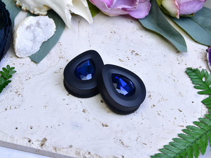 Teardrop Ear Plugs with Glass Crystal - Cobalt
