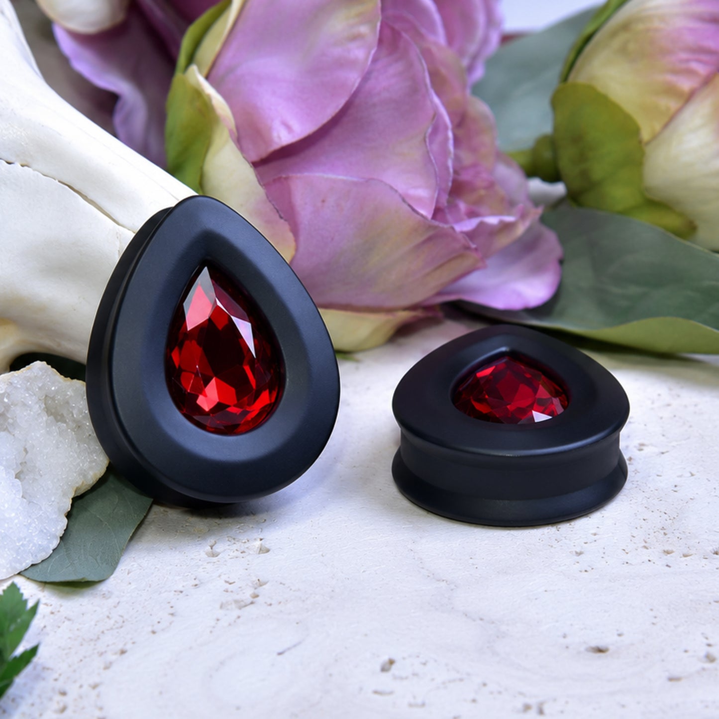 Teardrop Ear Plugs with Glass Crystal - Siam Red