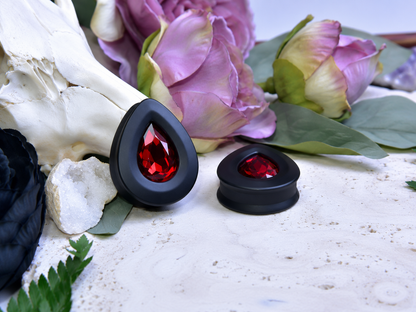 Teardrop Ear Plugs with Glass Crystal - Siam Red