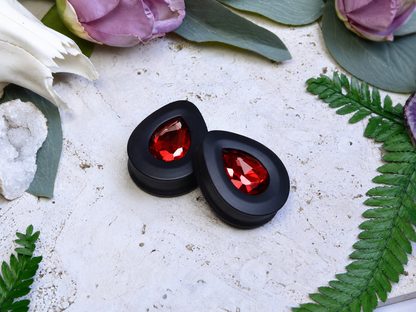 Teardrop Ear Plugs with Glass Crystal - Siam Red