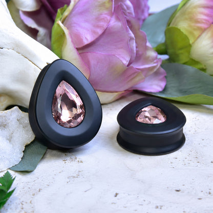 Teardrop Ear Plugs with Glass Crystal - Powder Pink