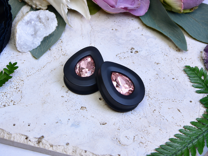Teardrop Ear Plugs with Glass Crystal - Powder Pink