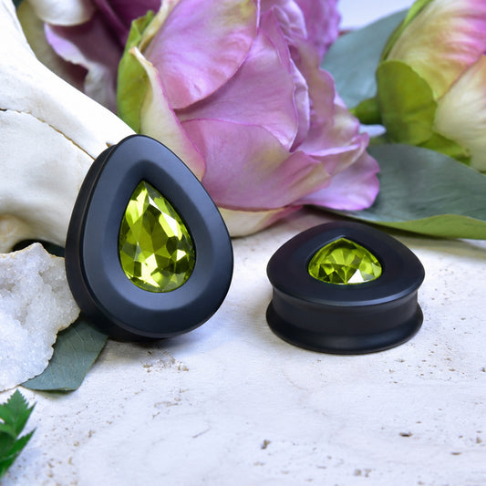 Teardrop Ear Plugs with Glass Crystal - Olive
