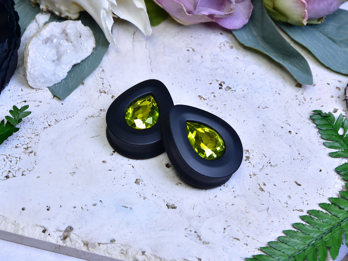 Teardrop Ear Plugs with Glass Crystal - Olive