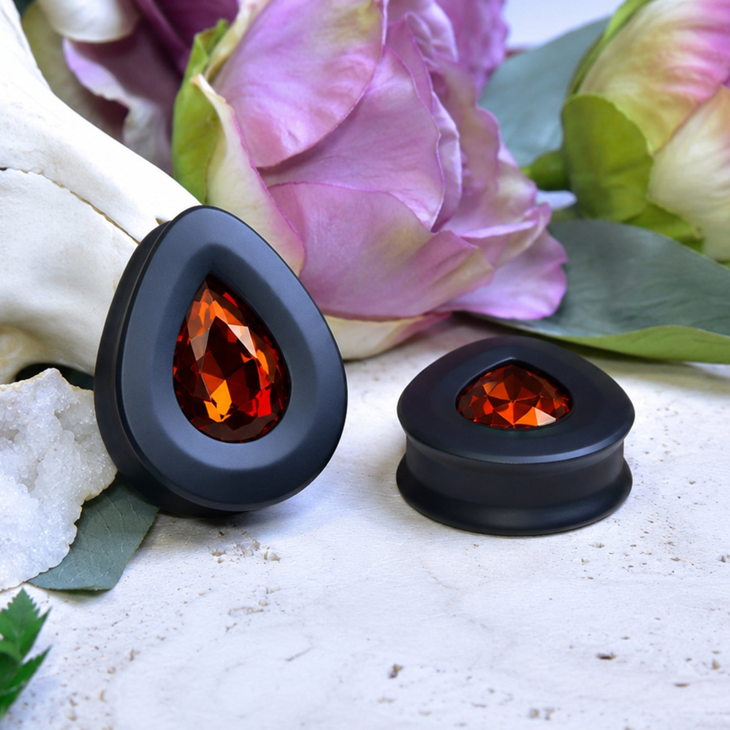 Teardrop Ear Plugs with Glass Crystal - Red Coffee