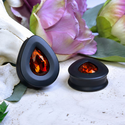 Teardrop Ear Plugs with Glass Crystal - Red Coffee