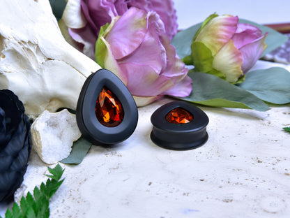 Teardrop Ear Plugs with Glass Crystal - Red Coffee