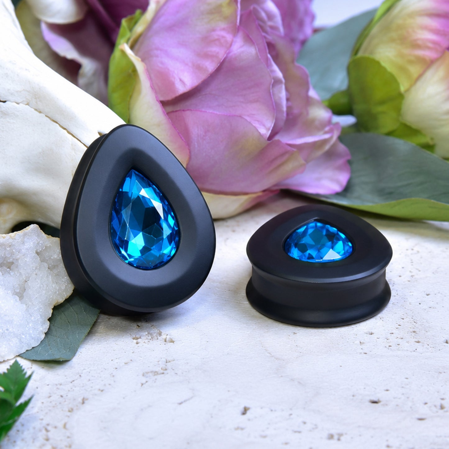 Teardrop Ear Plugs with Glass Crystal - Aquamarine