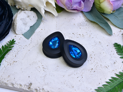 Teardrop Ear Plugs with Glass Crystal - Aquamarine