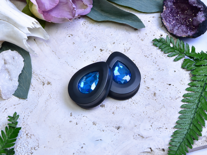 Teardrop Ear Plugs with Glass Crystal - Aquamarine