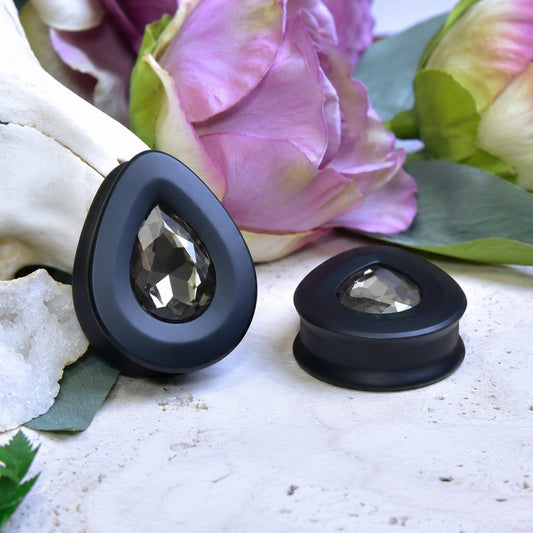 Teardrop Ear Plugs with Glass Crystal - Black