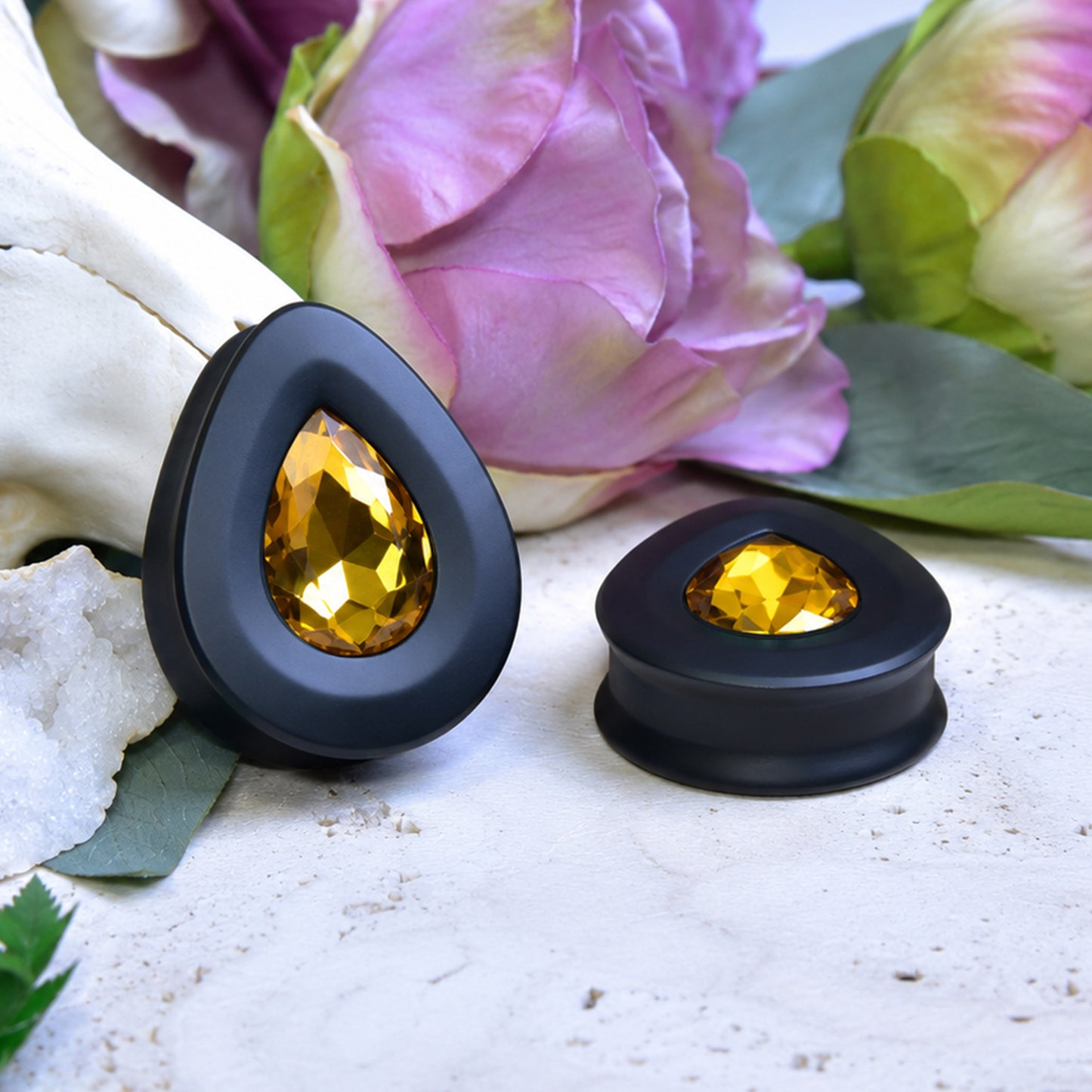 Teardrop Ear Plugs with Glass Crystal - Topaz