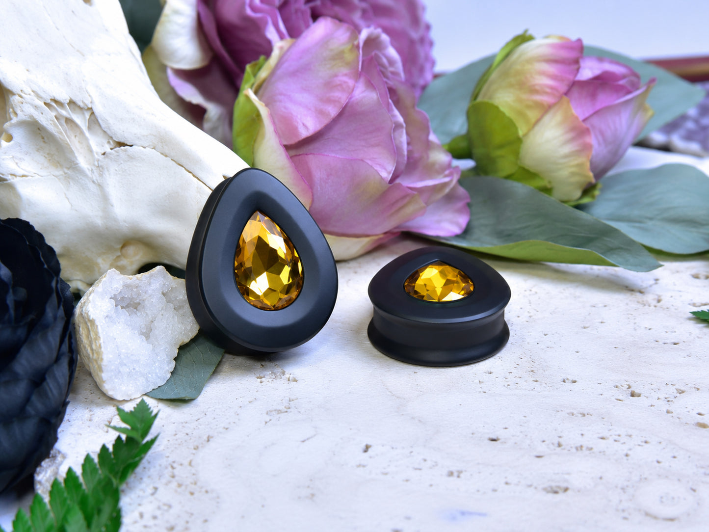 Teardrop Ear Plugs with Glass Crystal - Topaz