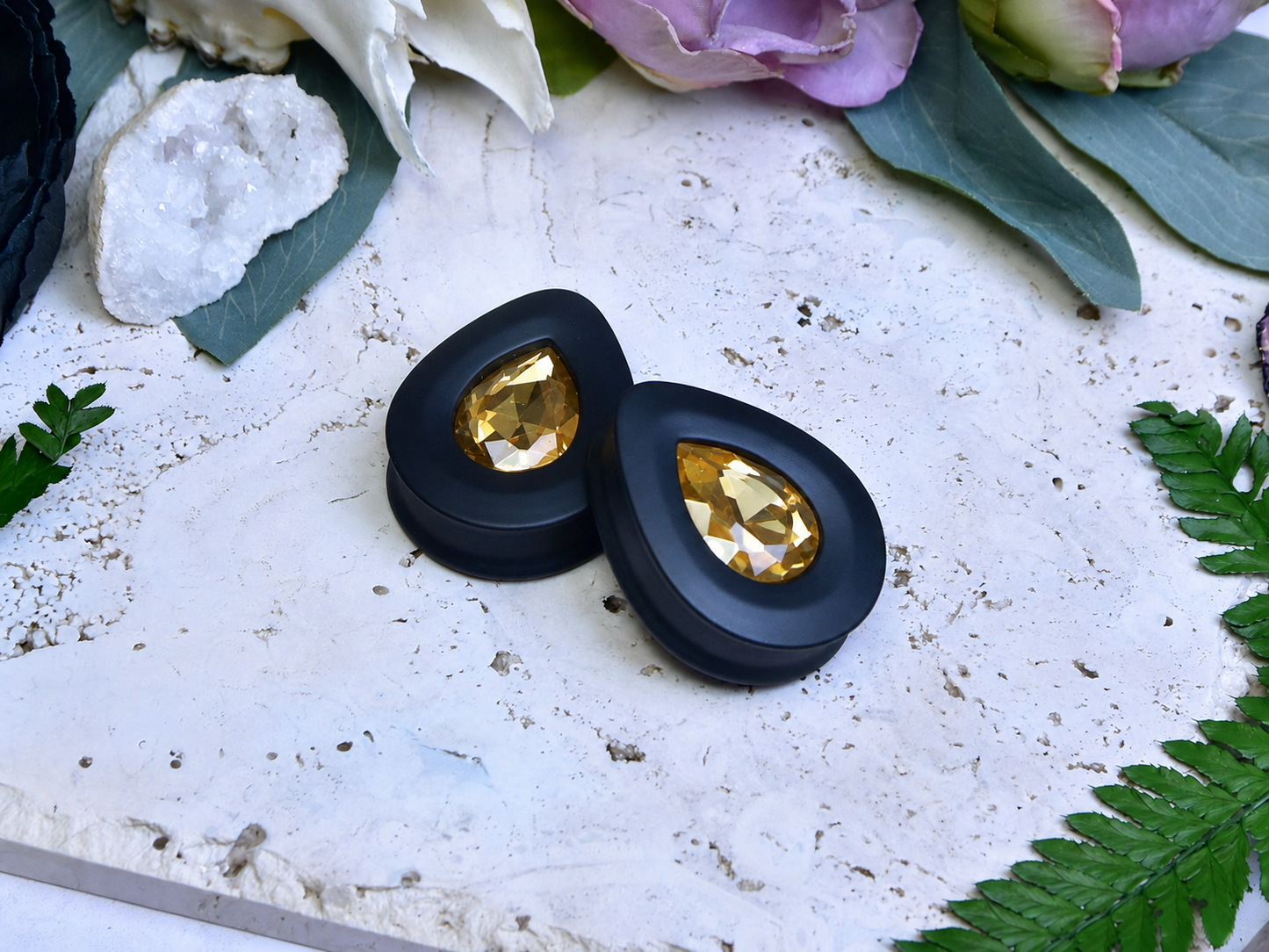 Teardrop Ear Plugs with Glass Crystal - Gold Champagne
