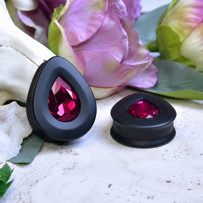 Teardrop Ear Plugs with Glass Crystal - Fuchsia