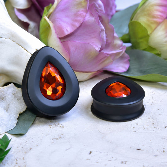 Teardrop Ear Plugs with Glass Crystal - Orange Red