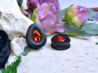 Teardrop Ear Plugs with Glass Crystal - Orange Red