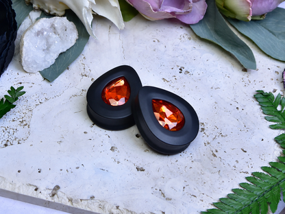 Teardrop Ear Plugs with Glass Crystal - Orange Red