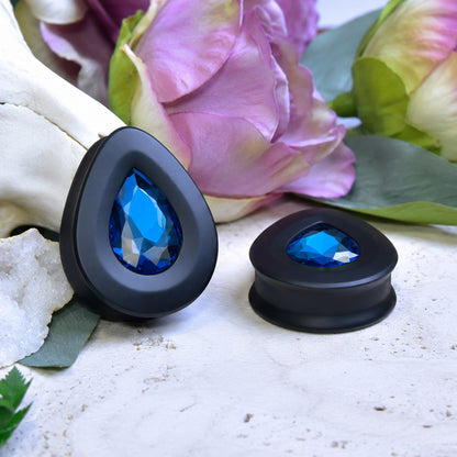 Teardrop Ear Plugs with Glass Crystal - Blue Zircon