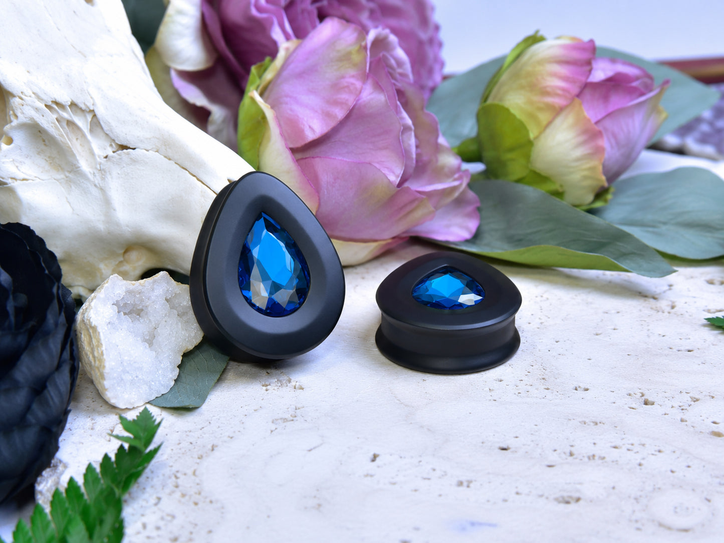 Teardrop Ear Plugs with Glass Crystal - Blue Zircon