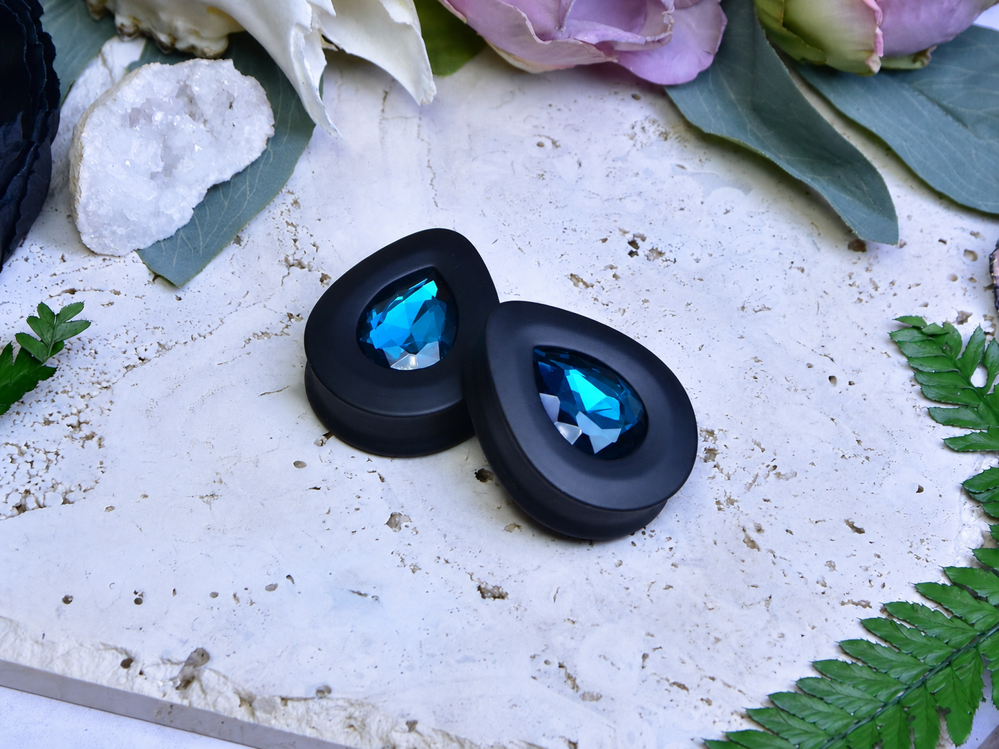 Teardrop Ear Plugs with Glass Crystal - Blue Zircon