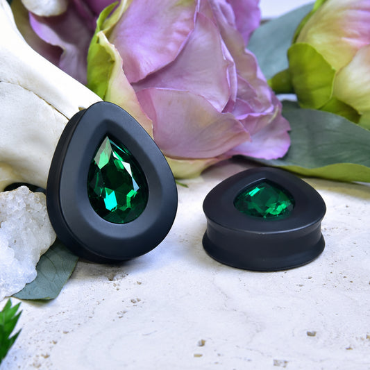 Teardrop Ear Plugs with Glass Crystal - Emerald