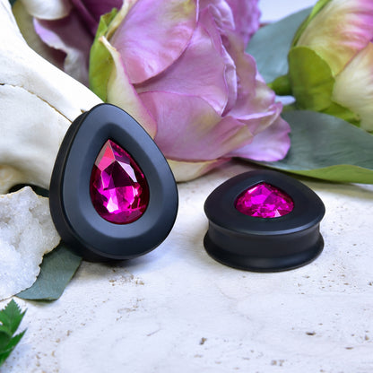 Teardrop Ear Plugs with Glass Crystal - Rose Red
