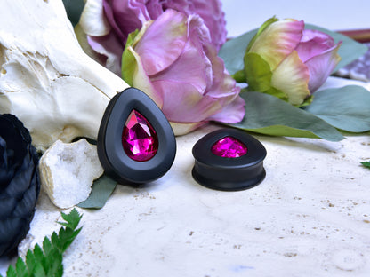 Teardrop Ear Plugs with Glass Crystal - Rose Red
