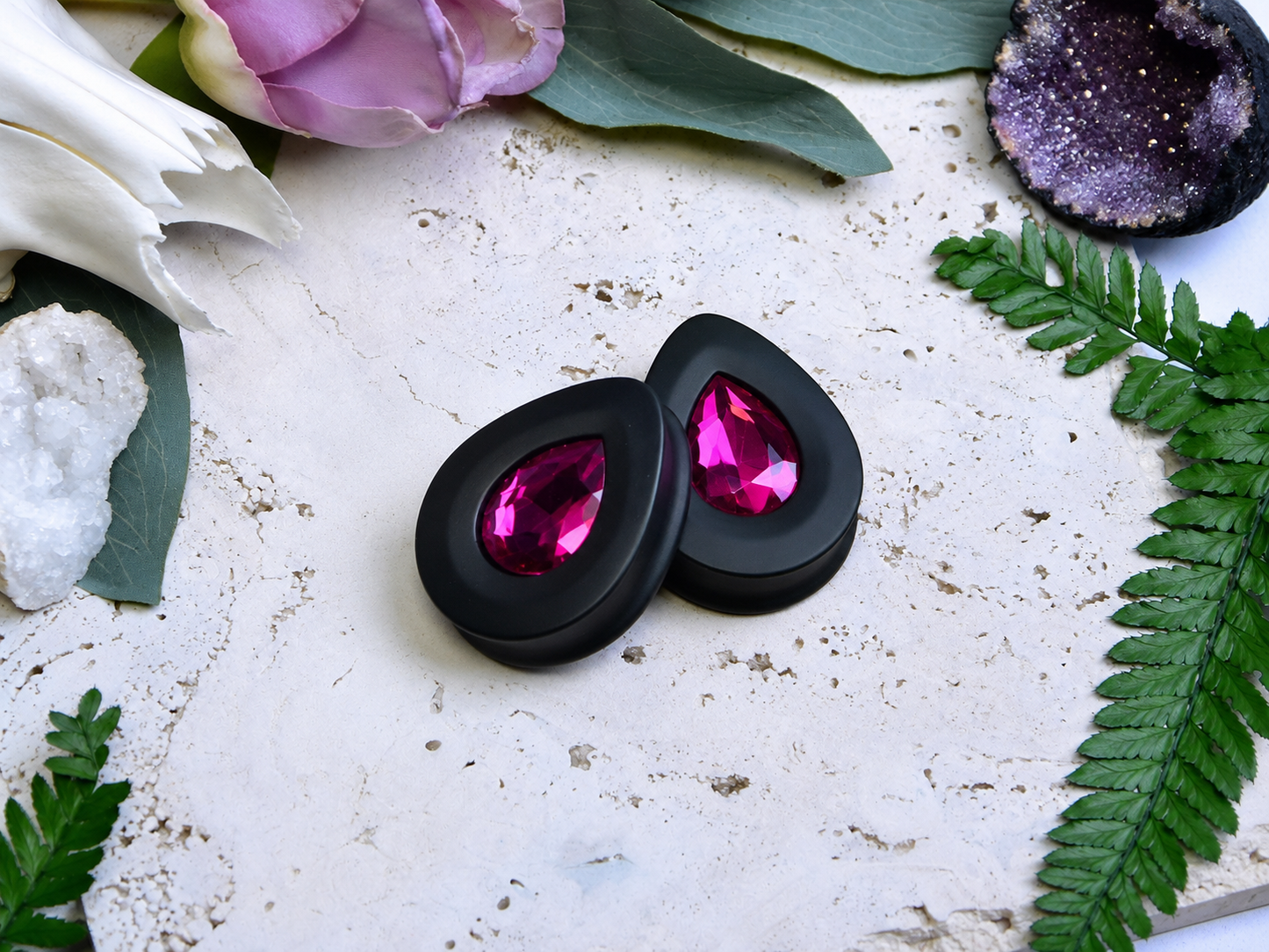 Teardrop Ear Plugs with Glass Crystal - Rose Red