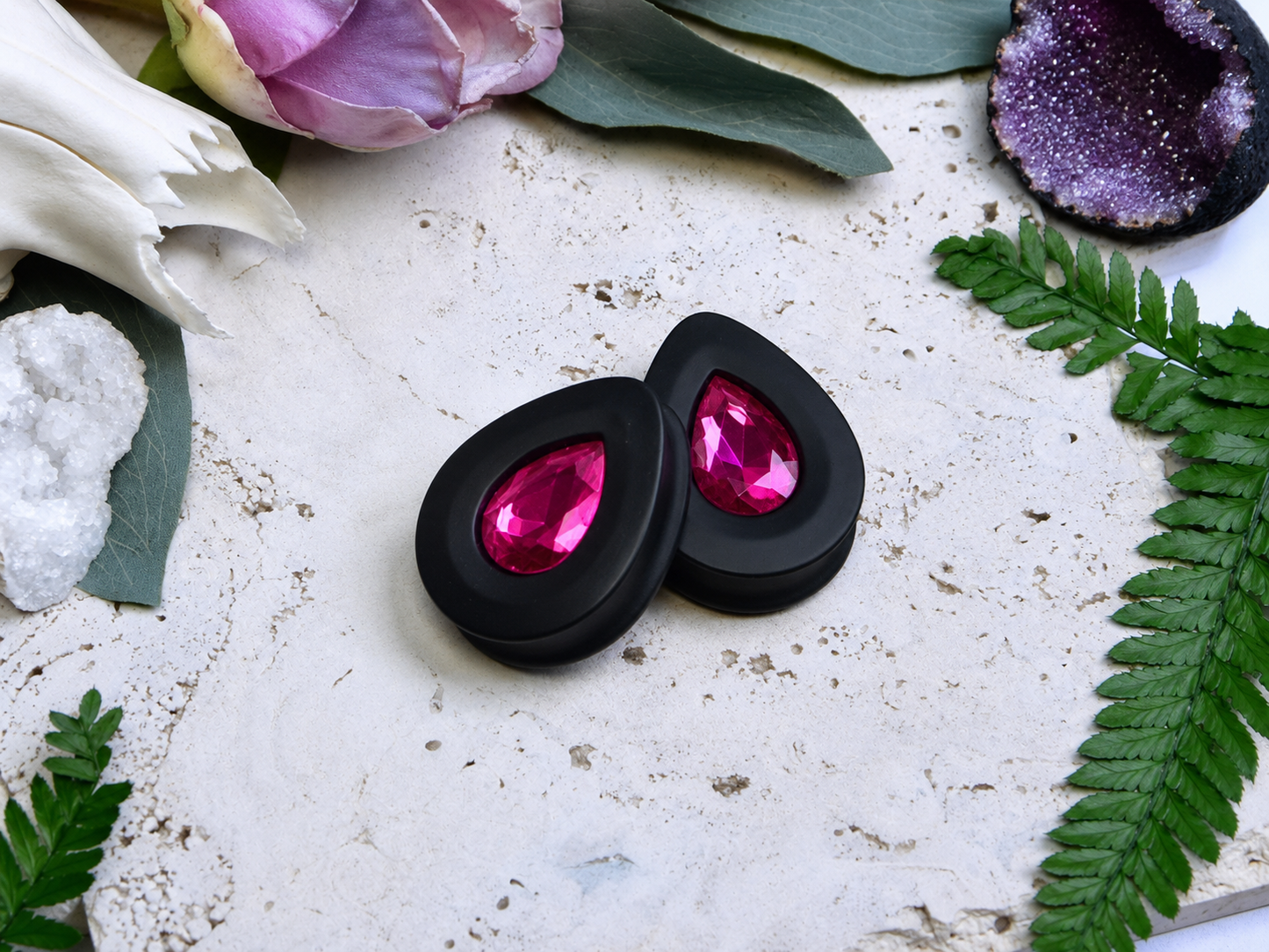 Teardrop Ear Plugs with Glass Crystal - Rose Red