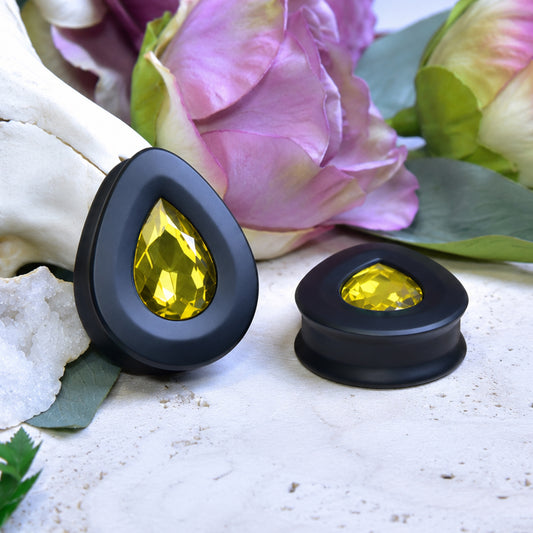 Teardrop Ear Plugs with Glass Crystal - Citrine