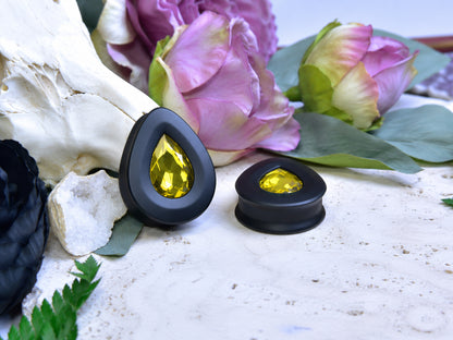 Teardrop Ear Plugs with Glass Crystal - Citrine