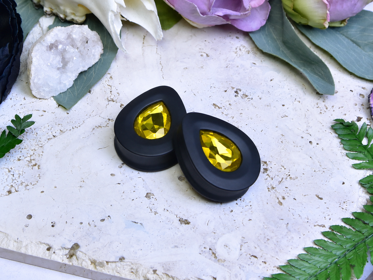 Teardrop Ear Plugs with Glass Crystal - Citrine