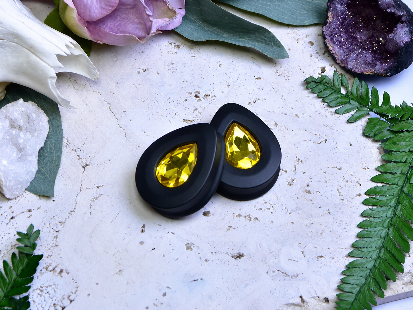 Teardrop Ear Plugs with Glass Crystal - Citrine