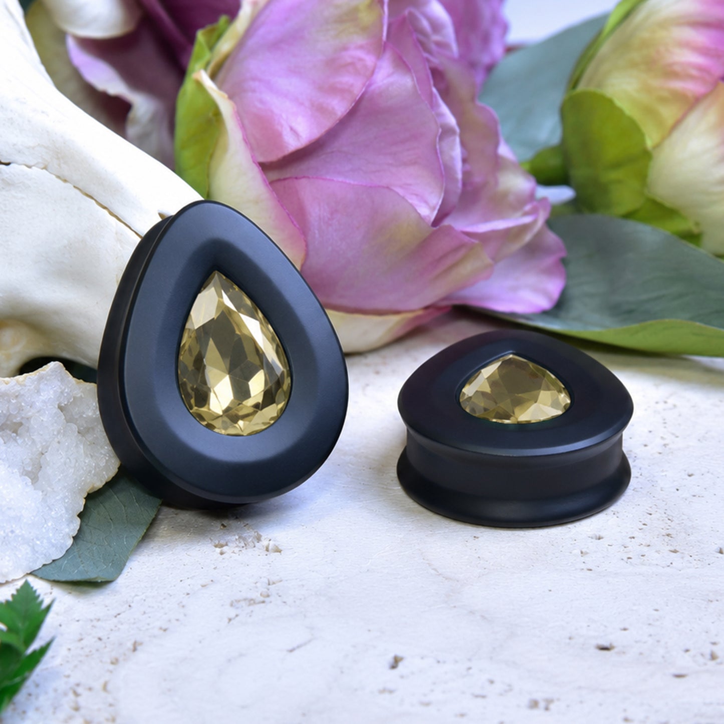 Teardrop Ear Plugs with Glass Crystal - Light Coffee