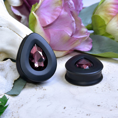 Teardrop Ear Plugs with Glass Crystal - Burgundy