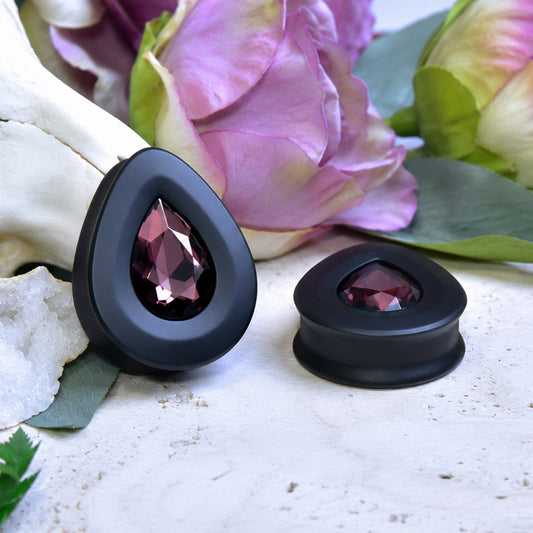 Teardrop Ear Plugs with Glass Crystal - Burgundy