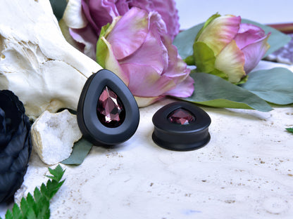 Teardrop Ear Plugs with Glass Crystal - Burgundy