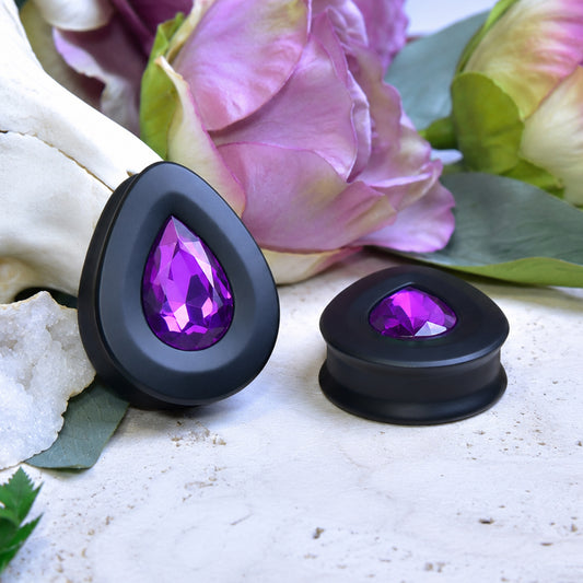Teardrop Ear Plugs with Glass Crystal - Purple