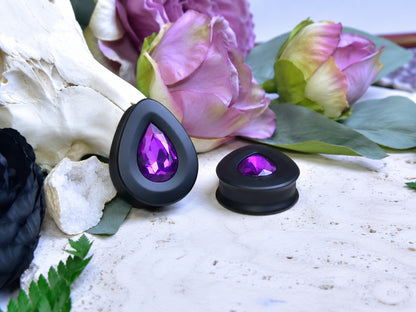 Teardrop Ear Plugs with Glass Crystal - Purple