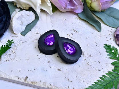 Teardrop Ear Plugs with Glass Crystal - Purple