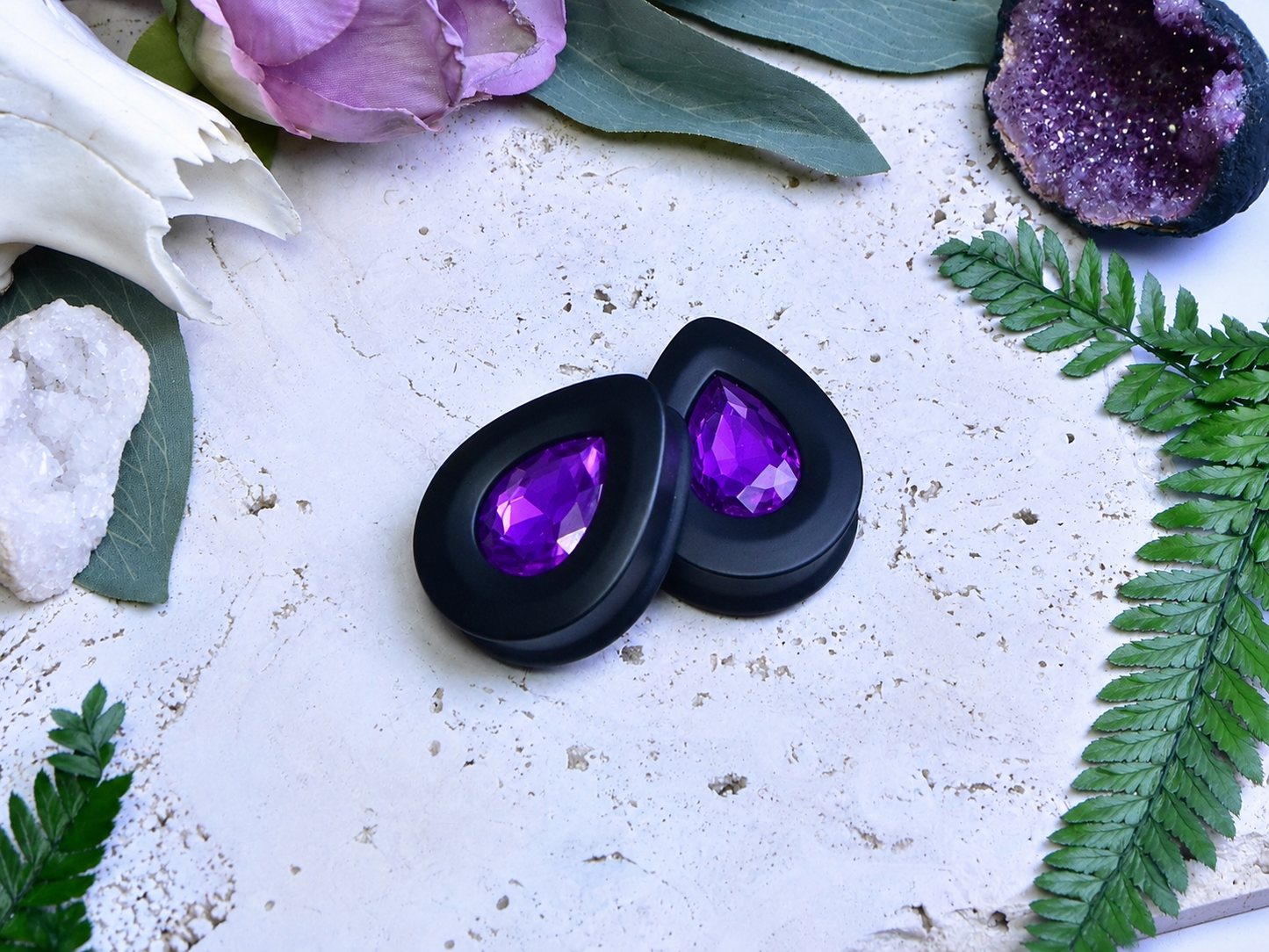 Teardrop Ear Plugs with Glass Crystal - Purple