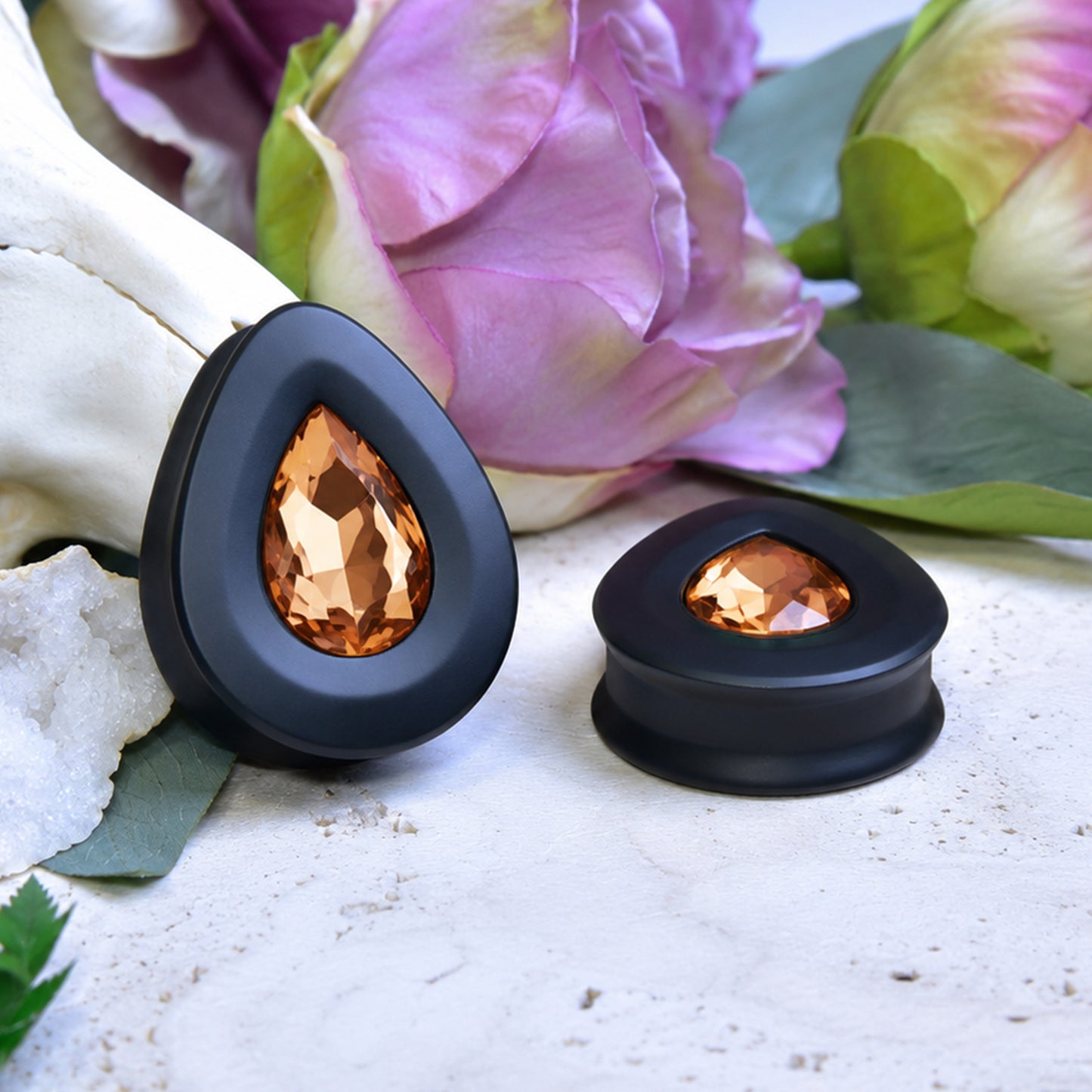 Teardrop Ear Plugs with Glass Crystal - Light Peach