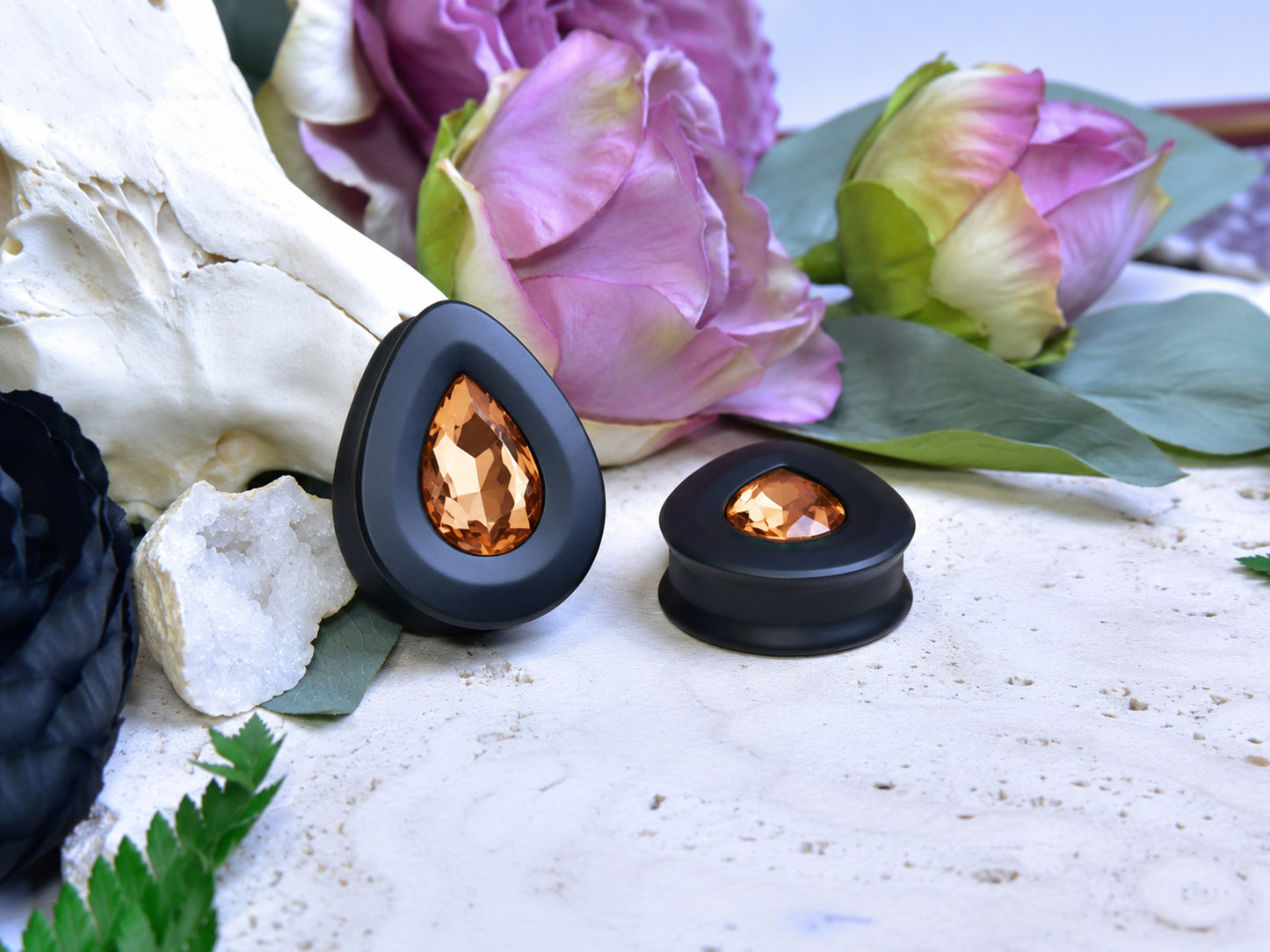 Teardrop Ear Plugs with Glass Crystal - Light Peach